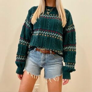 Vintage Abstract Geometric Patterned Chunky Textured Crewneck Sweater in Forest